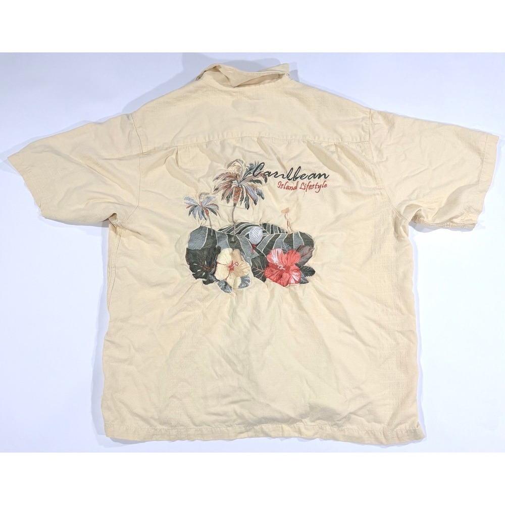 Caribbean Island Lifestyle Mens Large Silk Golf Shirt Cream Embroidered Tropical